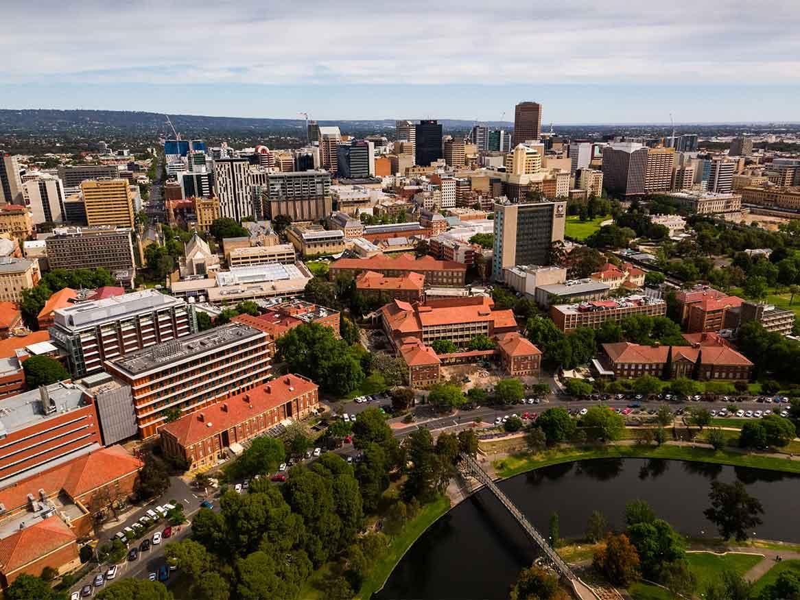 Aerial drone images of UoA North Terrace campus and Adelaide CBD