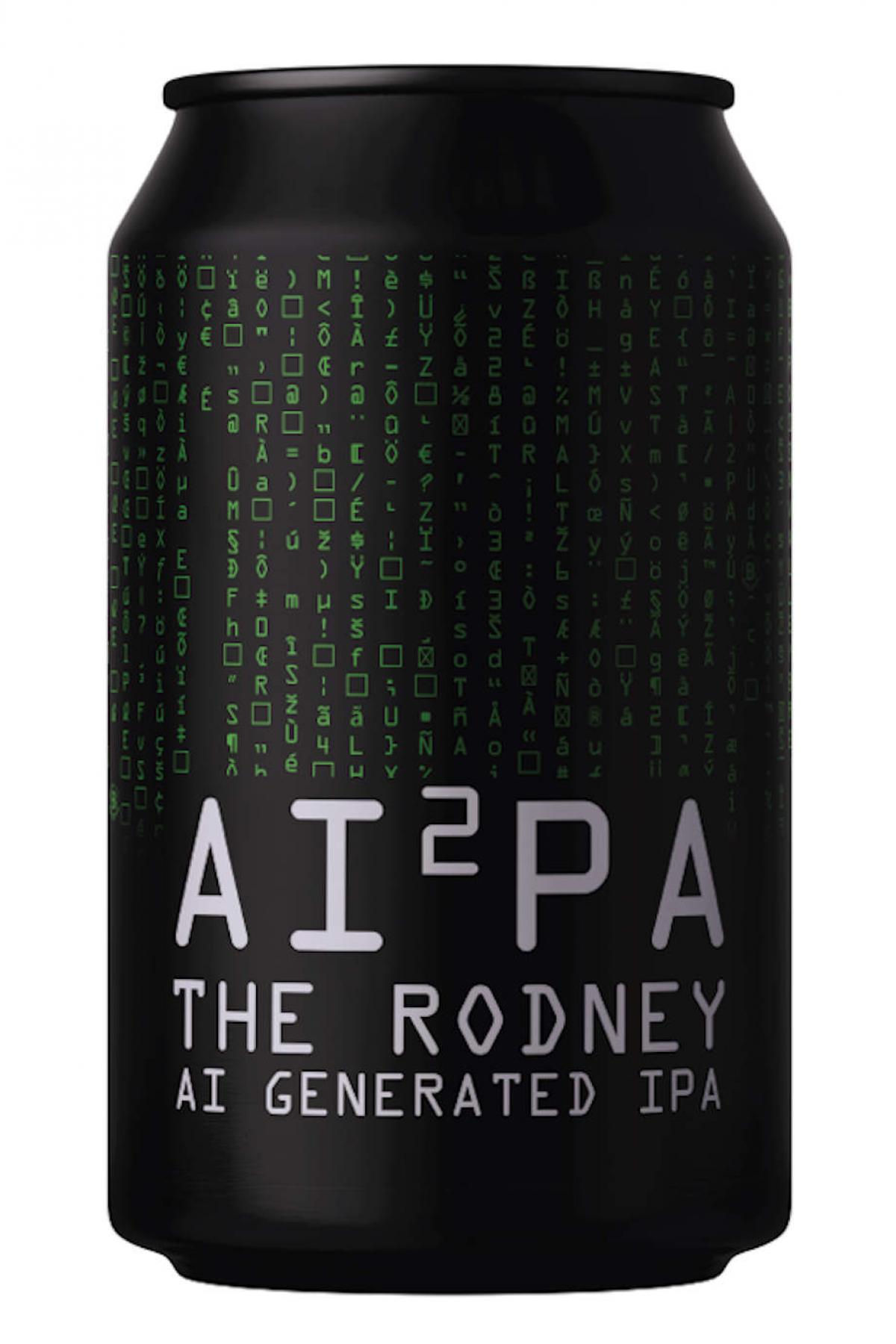 beer can design illustration showing black beer back with green computer code text, labelled as AI2PA The Rodney AI Generated IPA