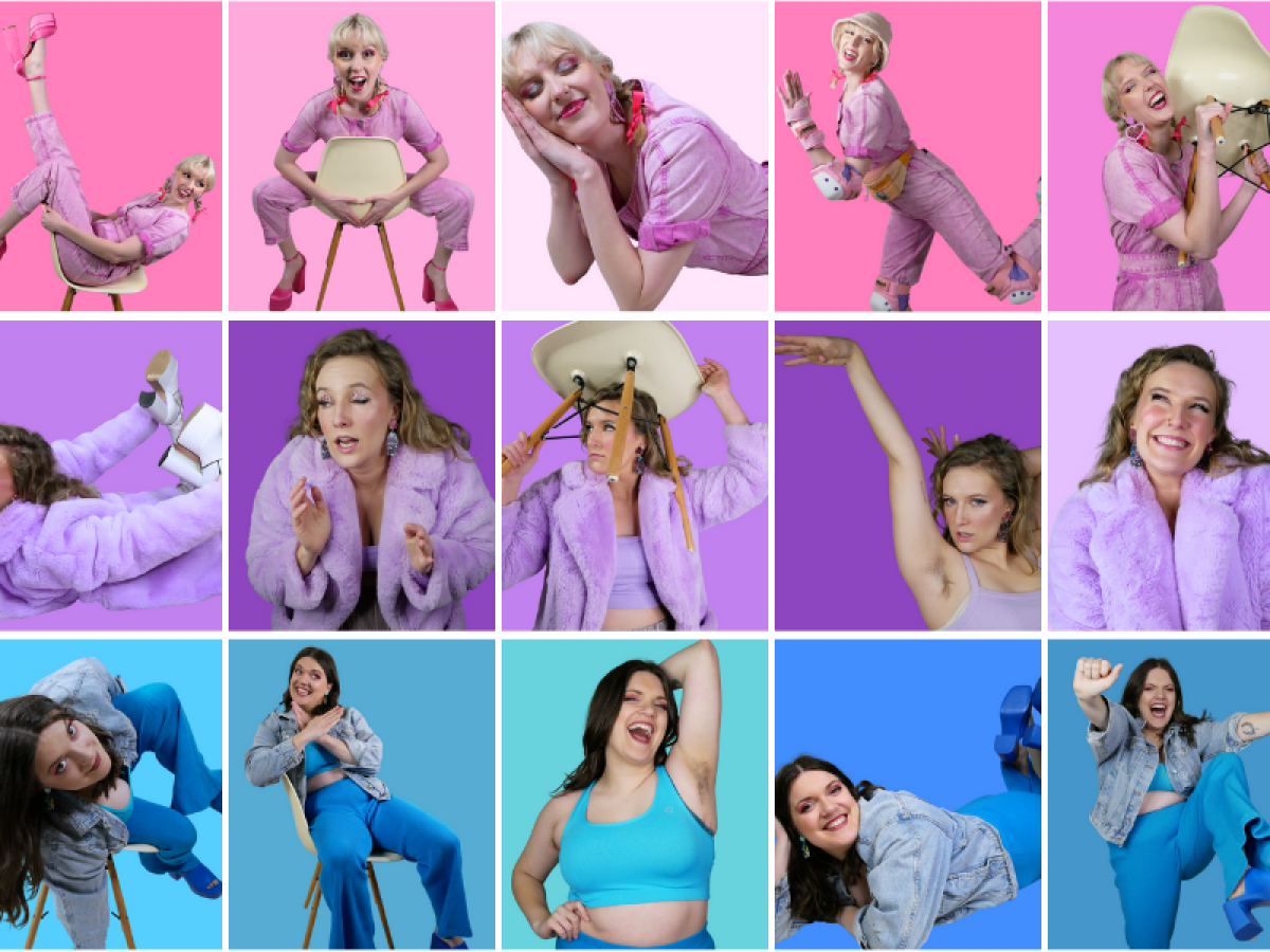 A collage of images from Bisexual Intellectuals in the colours of the bisexual flag