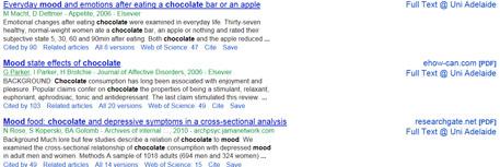 Chocolate and mood Google scholar search results page showing the title, and below the description Cited by (number of times cited), related articles etc.