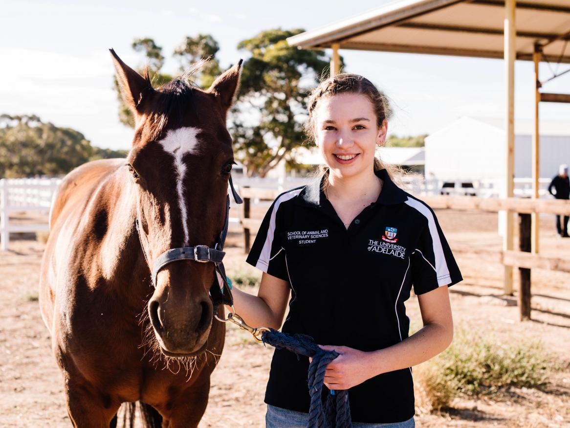 Female student standing with a horse at the University's Roseworthy campus.