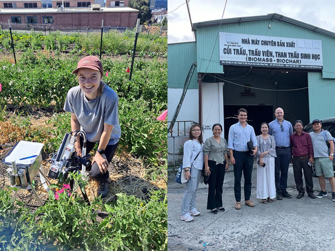 Alison Gill working in the field and Dr Nam Nghiep Tran at theVietnamese Biochar plant