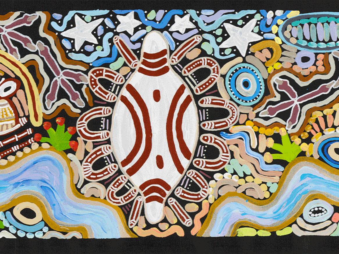 CedricVarcoe, Narungga/Ramindjeri/ Ngarrindjeri people, born 1984, Kaurna Wirltu Tidna , 2021, acrylic on canvas (University of Adelaide Library Special Collections, A.VA.2022.1037.1)