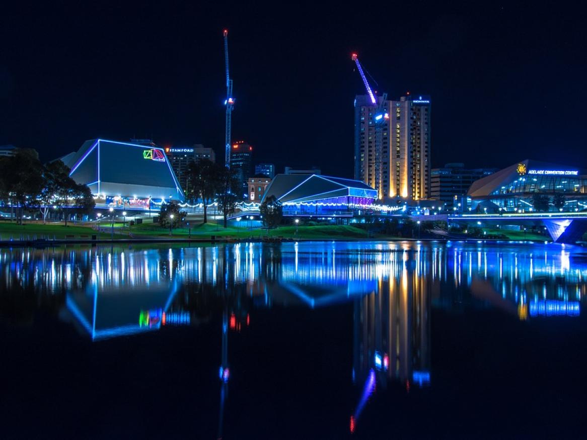 Adelaide's skyline is lit up at night time