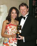 Robert Kral with his Annie Award in Hollywood, pictured with actress Christel Khalil