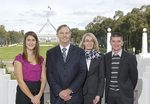 Hawker Scholars Georgina Spanos and Callum Deakin flanking the Member for Wannon and Hawker family member, the Hon. David Hawker MP, and the Master of St Marks College, Rose Alwyn, at Old Parliament House, Canberra