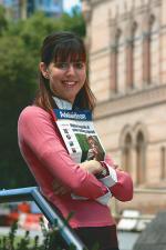 Natalie De Natalie with her front-page story in the October issue of the <i>Adelaidean</i>
Photo by Ben Osborne