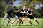 From left: Canterbury students Josh Wood, Ryan McMahon and Zoe Porter with New Zealand Rugby Sevens player Scott Curry in Adelaide in March. The students are among 170 from earthquake-affected Christchurch who are studying for their first semester at the University of Adelaide.
Photo by Calum Robertson, courtesy of <i>The Advertiser</i>