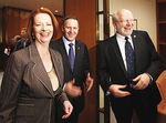 Australian Prime Minister Julia Gillard and New Zealand Prime Minister John Key pictured with the University of Adelaide Vice-Chancellor and President, Professor James McWha at Federal Parliament.
Photo courtesy of <i>AAP</i>