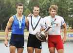 2011 Mens Single Scull NSW State Championship winner Chris Morgan (centre) pictured with second placegetter James McRae (left) and David Crawshay (right), who came third.