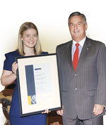 Sarah Dowd pictured with the Governor of South Australia, His Excellency Rear Admiral Kevin Scarce AC, 
at the scholarship ceremony.
Photo by Rosey Boehm Photography