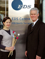 Percussionist Fleur Green with Fraser Nicholson, Executive Director of EDS in SA