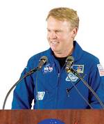 NASA astronaut Dr Andrew Thomas speaking to a crowd near the Johnson Space Center following his last Space Shuttle mission in 2005
Photo courtesy of NASA