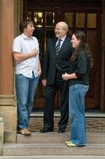 Vice-Chancellor and President Professor James McWha (centre) with scholarship recipients Michael Noble and Tiffany Hams
Photo by John Hemmings