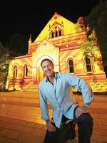 Brett Sheehy, Artistic Director of the Adelaide Bank Festival of Arts, outside the University of Adelaides Elder Hall in preparation for the opening of Northern Lights
Photo by Russell Millard, courtesy of <i>The Advertiser</i>