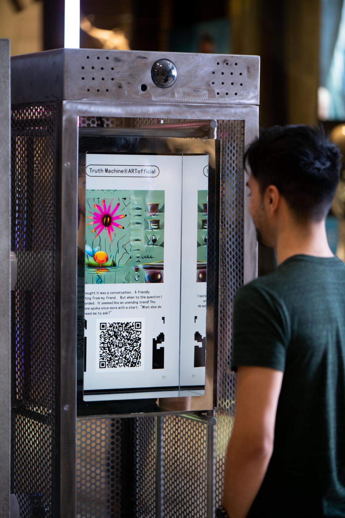 man standing in front of AI vending machine