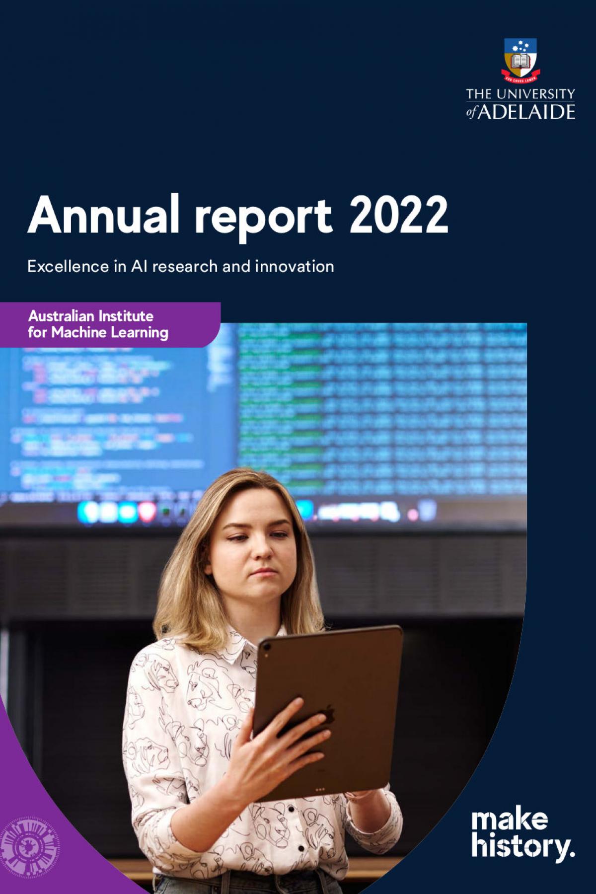 AIML annual report cover, shows young woman with ipad, with screen of computer code behind her