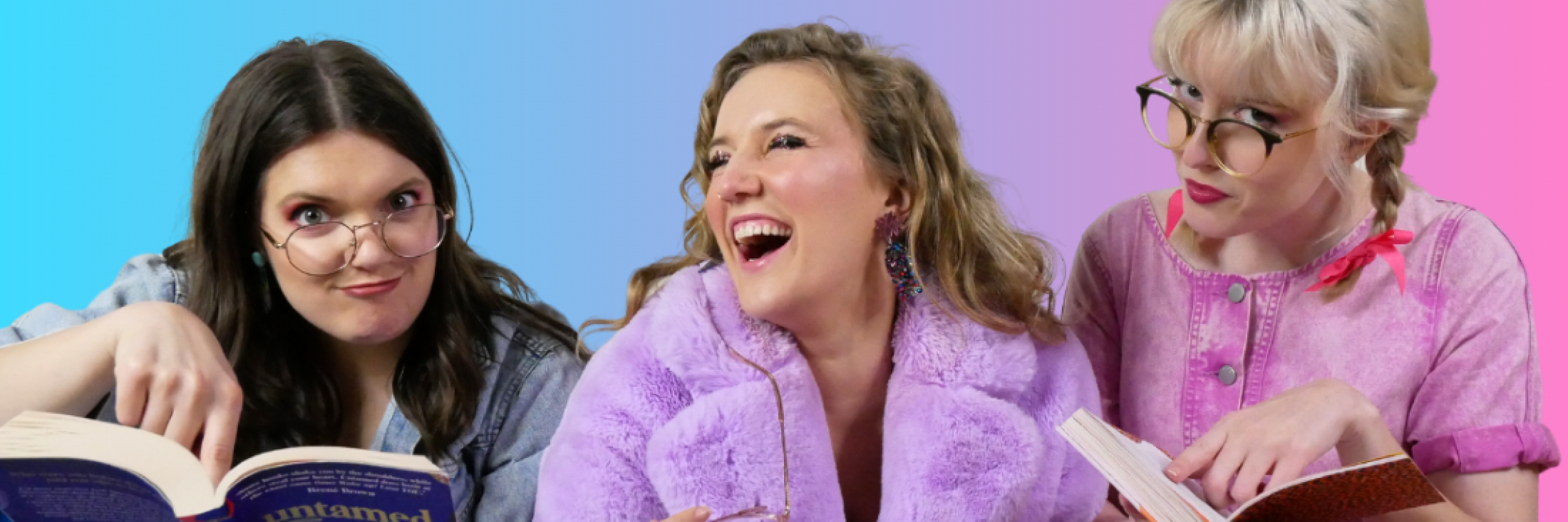 Three performers in blue, purple and pink