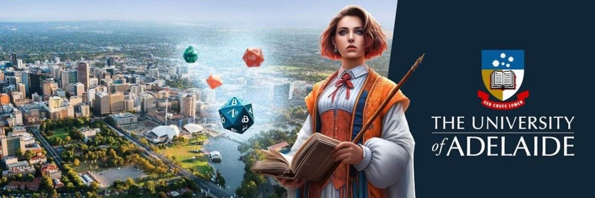 A bird's eye view of Adelaide overlaid with dice and a fantasy human character