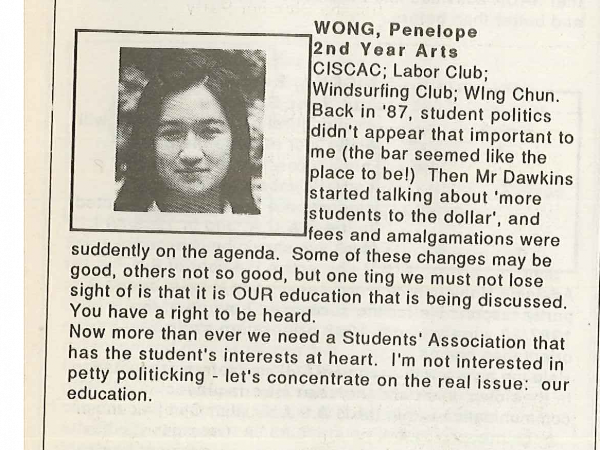 Penny Wong in the 1988 Union Students' Association Annual Elections Handbook