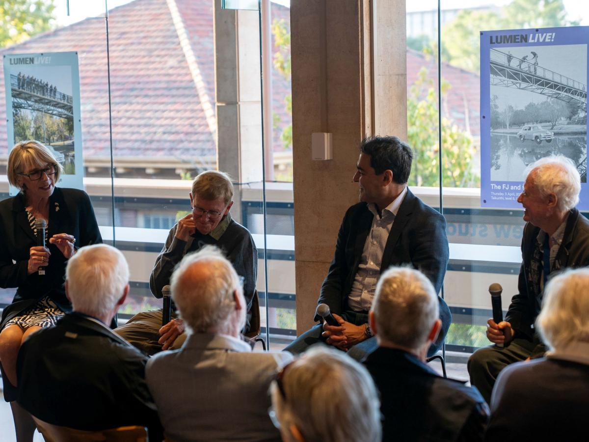 Four speakers have a lively discussion at the Lumen Live! event