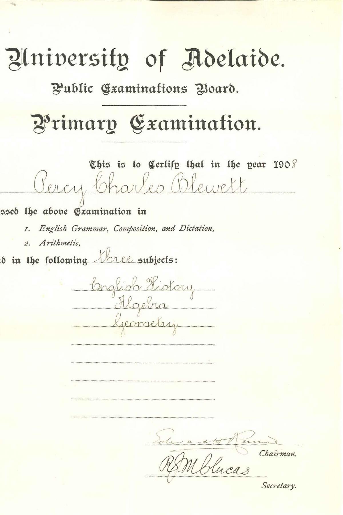 Certificate of Examination 1908 Blewett