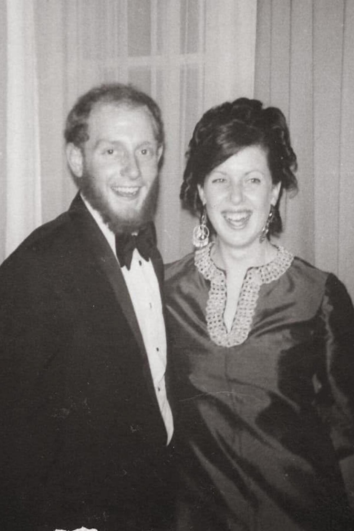 Black and white photo of Clinton and Maureen in their Ball attire, 1970