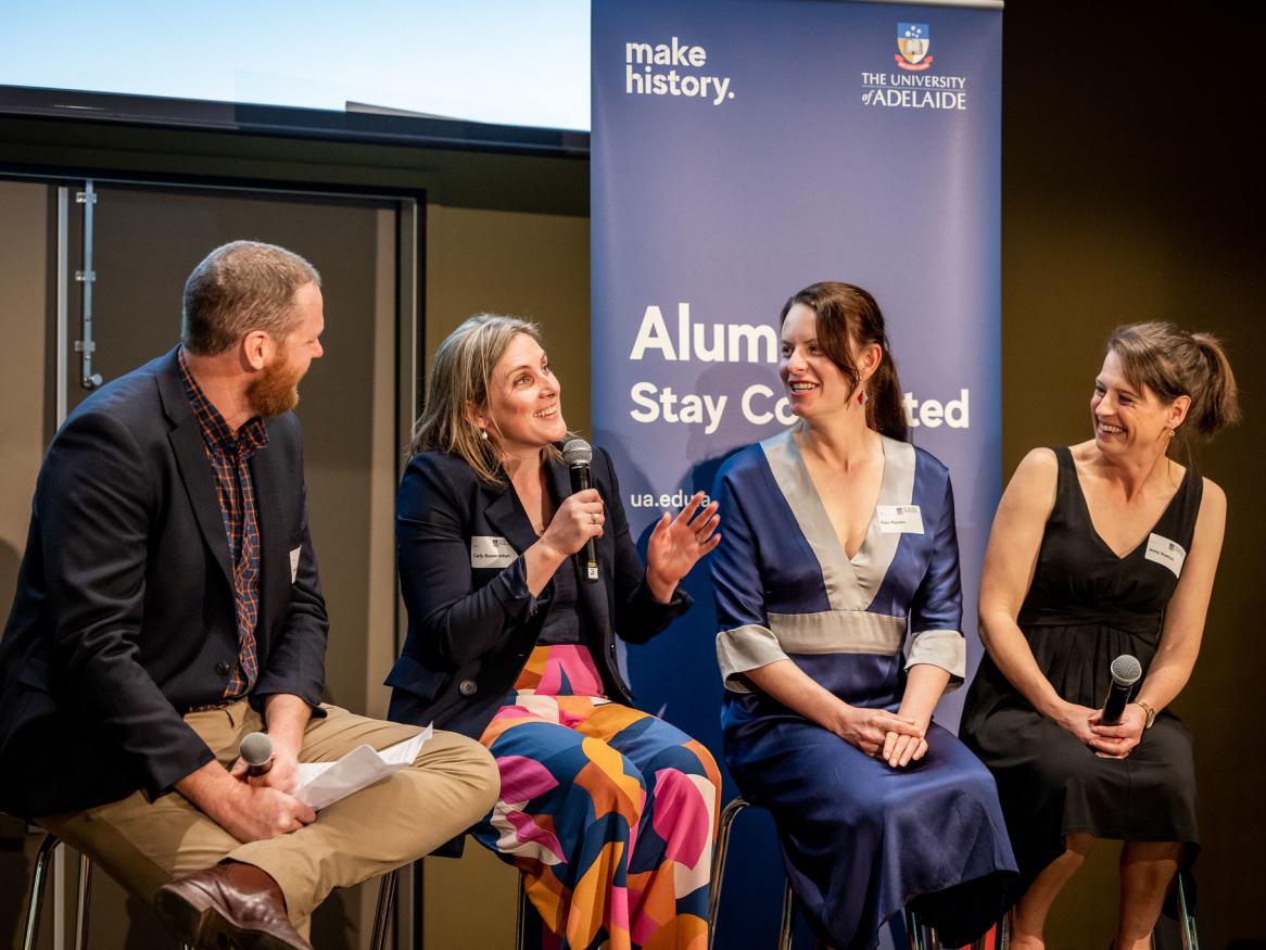 A panel of 4 laughing Roseworthy and Waite alumni