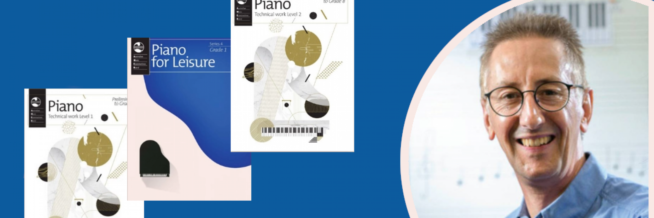 Stuart Storer headshot and 3 ameb piano publication picutres