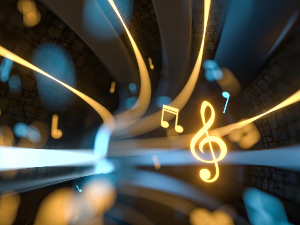 Treble clef and notes emerging from light tunnel