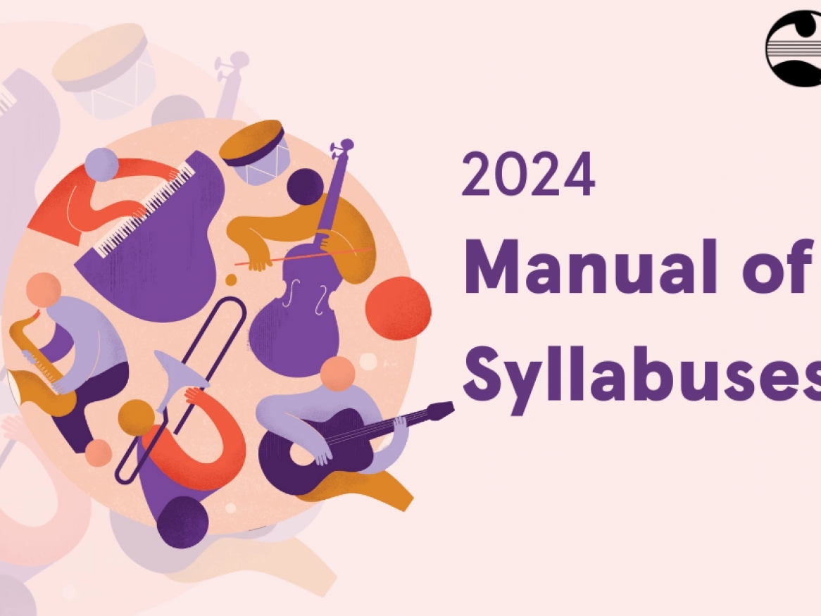 Graphic with musicians playing various instruments and the heading 2024 Manual of Syllabuses