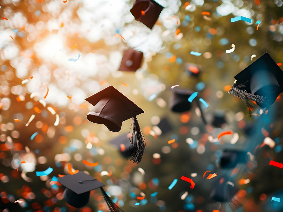 Graduation hats flying with confetti