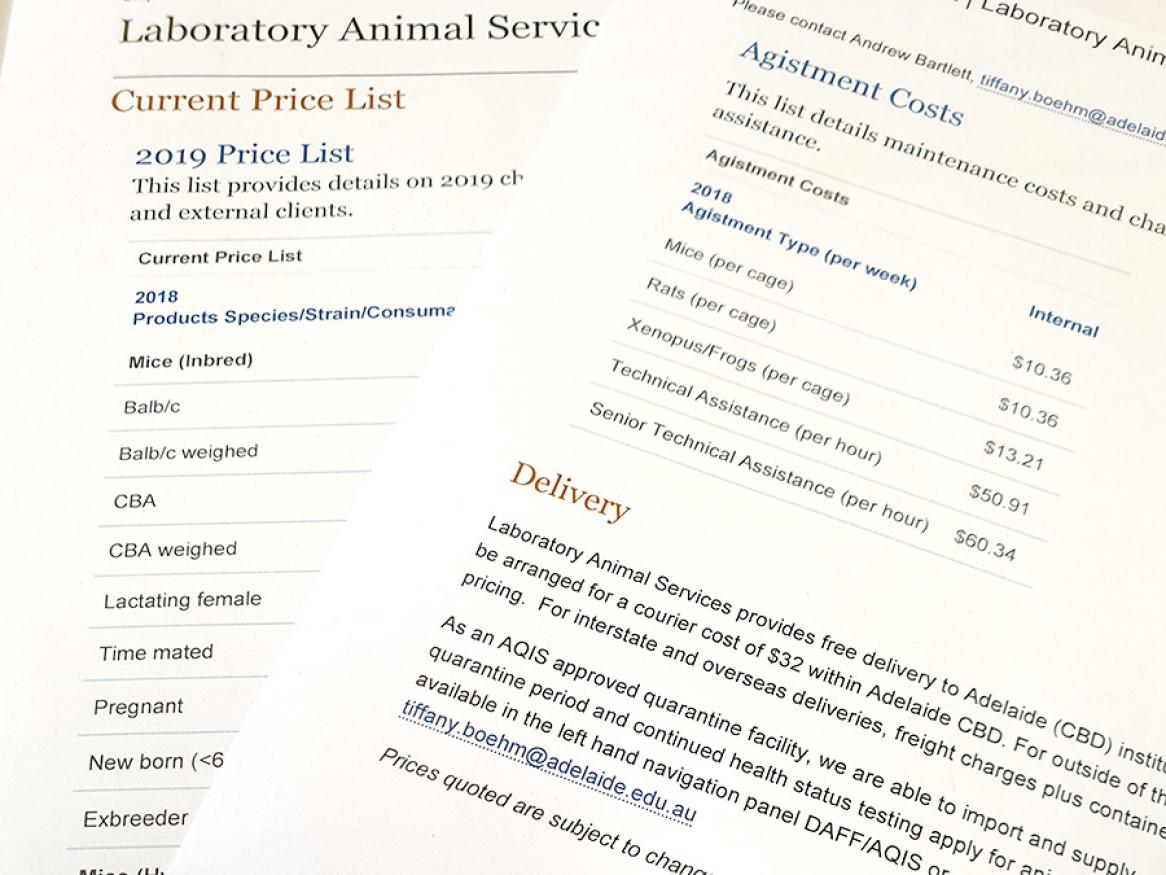 Current Price List Laboratory Animal Services University Of Adelaide