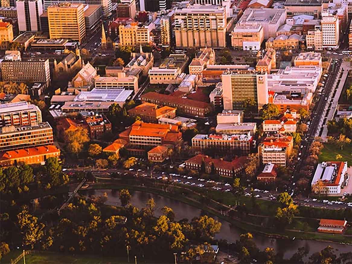 Aerial photo of University of Adelaide North Terrace campus