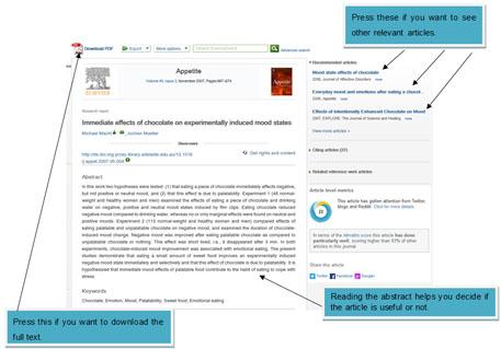 Abstract example showing download PDF link (press this if you want to download the full text), Recommended article links and the title of the article followed by the abstract. Reading the abstract helps you decide if the article is useful or not.