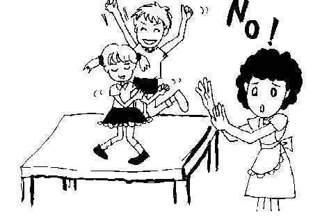 Children dancing on a table and their mother saying "No!".
