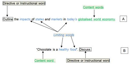 A) Outline (directive or instructional word) the impacts (limiting word) of states (limiting word) and markets (limiting word) in today's (limiting word) globalised world economy (content words). B) "Chocolate (content word) is a healthy food (limiting words)". Discuss (directive or instructional word).