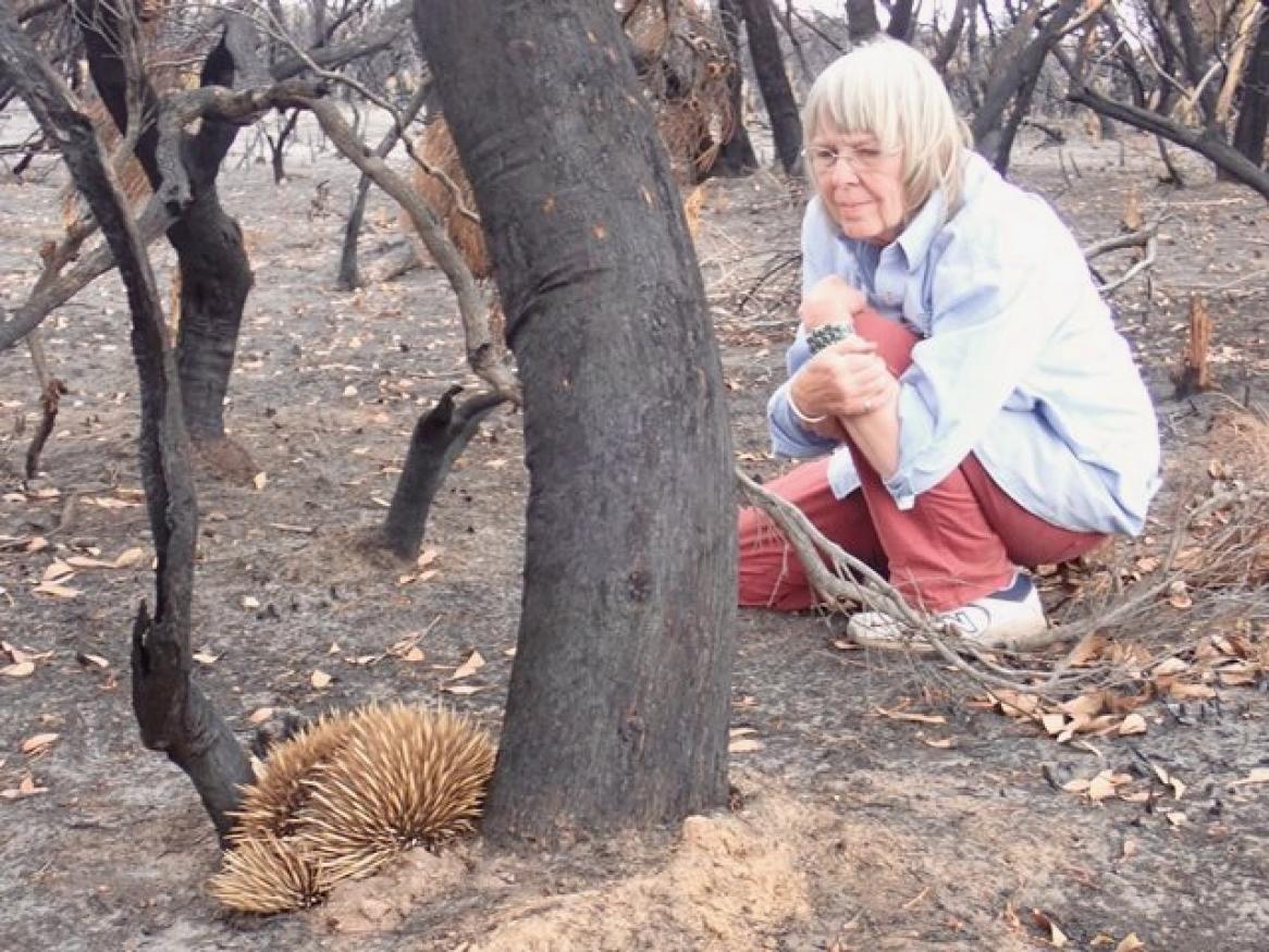 Dr Peggy Rismiller with echidna