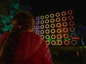A girl standing in front of a large board of glowing rings