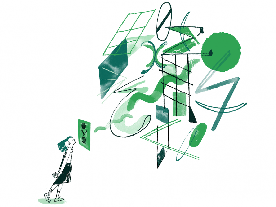Person looking  at something. Many green lines and shapes. 