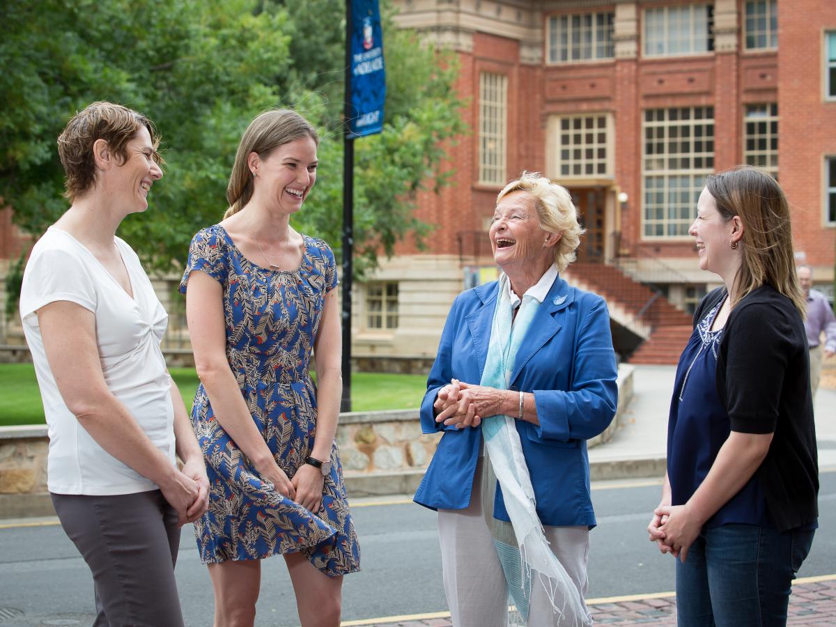 Ian Wilson Liberal research scholarship recipients with Mary Wilson, from left: Julie Morgan, Kaitlin Harkess and Ashlee Borgkvist