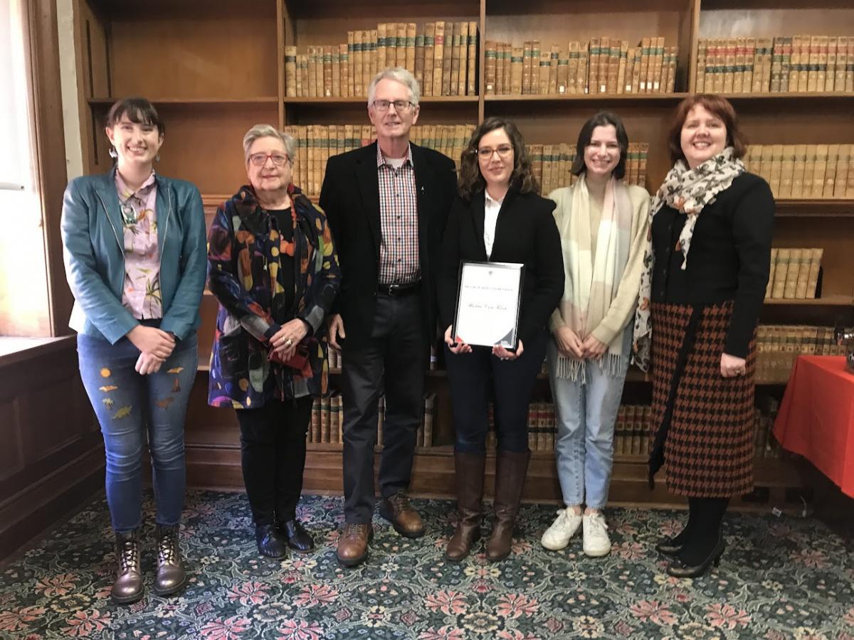 Emma Carson, Robina Weir, Glen Weir, Ali Reid, Jade Ryles and University Librarian Sian Woolcock pictured at the May 2022 Prize award ceremony.