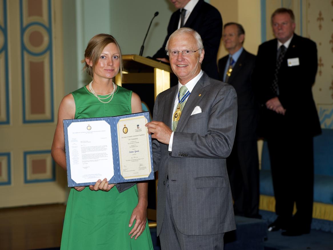 Emma Godde presented with her Scholarship by His Excellency the Honourable Alex Chernov AC QC Governor Victoria