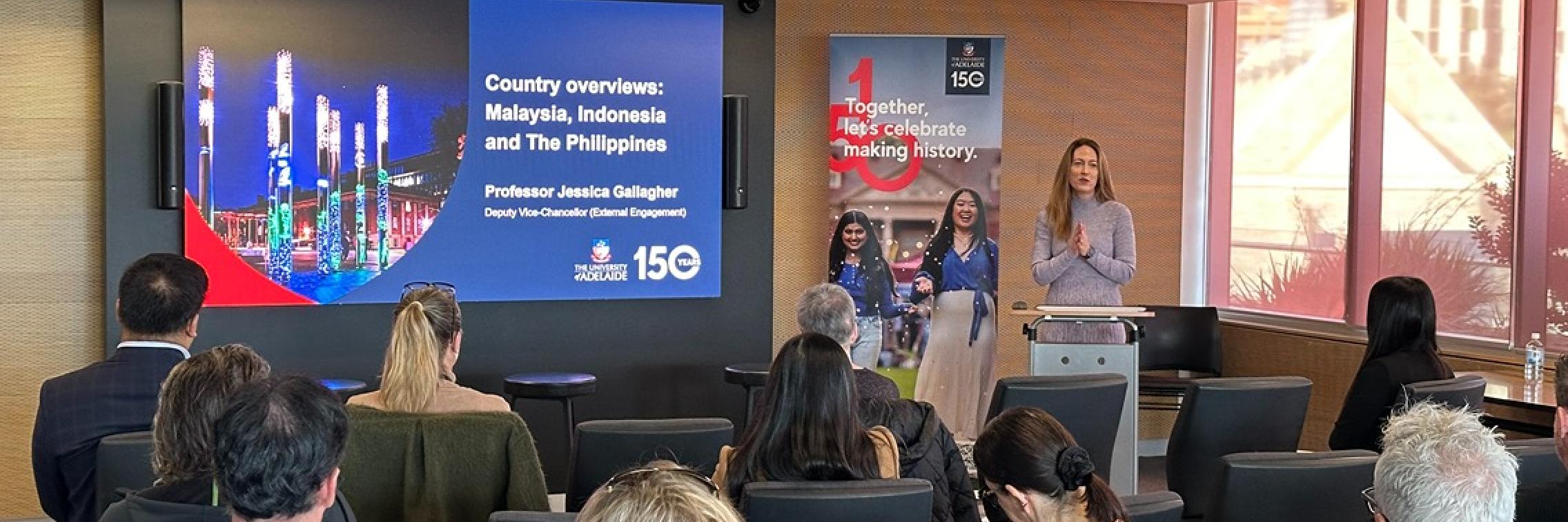 Professor Jessica Gallagher presenting at a Global Opportunities and Impact Forum