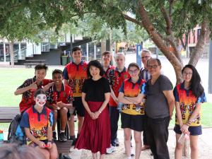 Professor Jacqueline Lo (PVCI) with student lion dance performers