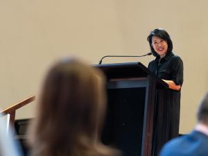 Professor Jacqueline Lo, Pro Vice-Chancellor (International) giving the welcome address