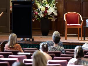 Ms Julie-Ann Guivarra, Australia's Ambassador for Gender Equality, giving her opening address to Elder Hall's audience