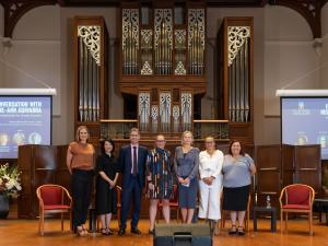 L-R: Ms Elizabeth Day, DFAT; Prof Jaqueline Lo, UofA; Prof Peter Høj AC, UofA; Ms Julie-Ann Guivarra, DFAT; Ms Jodie Hatherly, Santos; Ms Grace Mayor, UofA; Ms Louise Mitchell, UofA