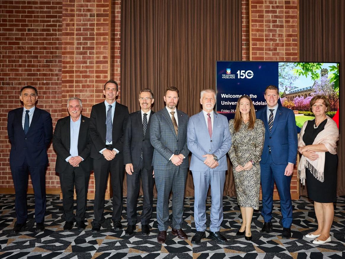 L-R: Professor Abelardo Pardo, Professor Michael Webb, Professor Simon Lucey, Professor Peter Høj AC, His Excellency Mr Benjamin Hayes, His Excellency Mr Petr Pavel, Professor Jessica Gallagher, Hon Joe Szakacs MP (Minister for Trade and Investment), and Her Excellency Ms Jana Tyrer.