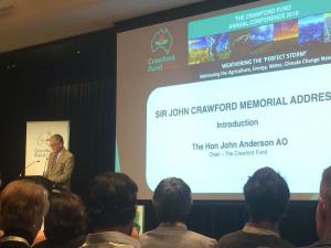 Sir John Anderson, Chair of The Crawford Fund introducing Prof. Ross Garnaut to deliver Sir John Crawford Memorial Address at the networking dinner event   